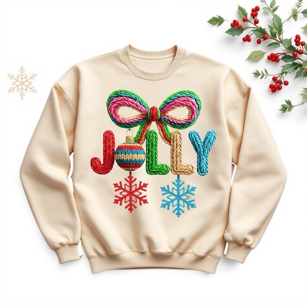 NEW Christmas Jolly Sweatshirt Faux Yarn Pink Green Bow. Any Size X M L XL XXL